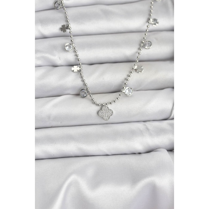 Pirinç Gümüş Renk Yonca Model Kadın Kolye - Lisinya