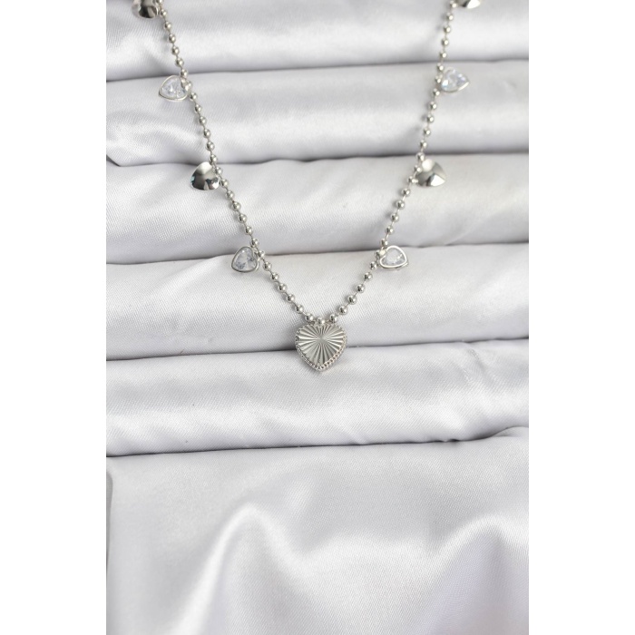 Pirinç Gümüş Renk Kalp Model Kadın Kolye - Lisinya