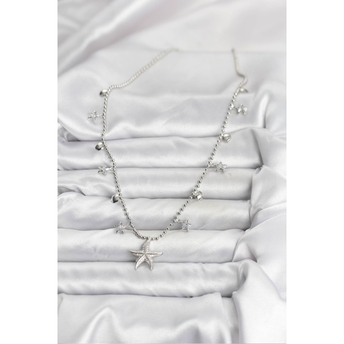 Pirinç Gümüş Renk Zirkon Taşlı Deniz Yıldızı Model Kadın Kolye - Lisinya