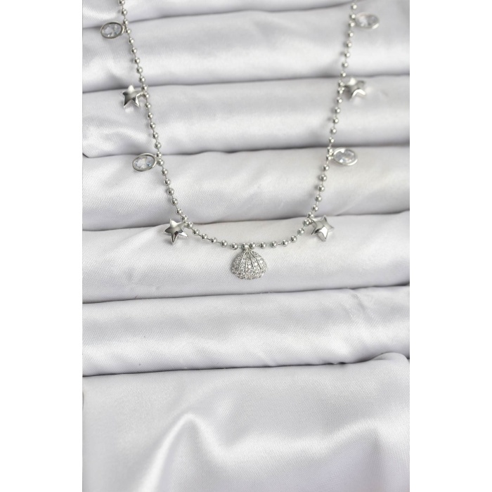 Pirinç Gümüş Renk Zirkon Taşlı Deniz Kabuğu Model Kadın Kolye - Lisinya