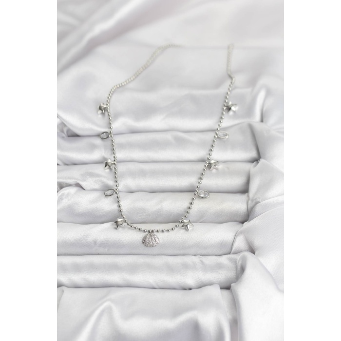 Pirinç Gümüş Renk Zirkon Taşlı Deniz Kabuğu Model Kadın Kolye - Lisinya