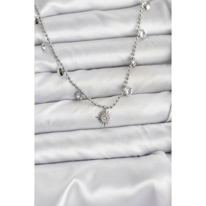 Zirkon Taşlı Kutup Yıldızı Model Pirinç Gümüş Renk Kadın Kolye - Lisinya