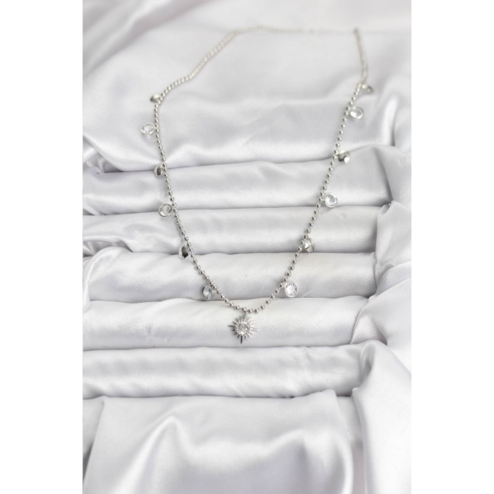 Zirkon Taşlı Kutup Yıldızı Model Pirinç Gümüş Renk Kadın Kolye - Lisinya