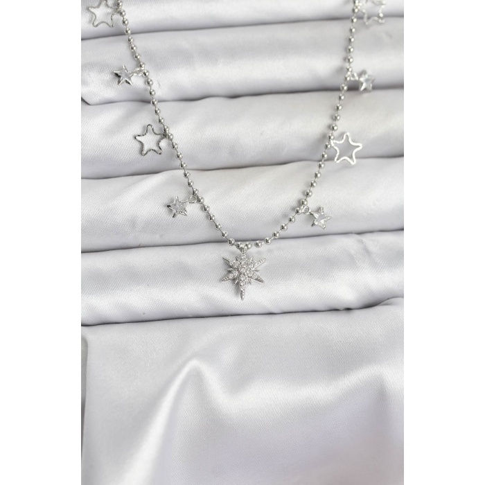 Pirinç Gümüş Renk Zirkon Taşlı Kutup Yıldızı Model Kadın Kolye - Lisinya