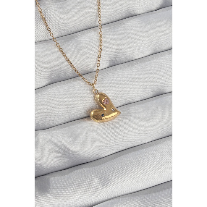 316L Çelik Zincir Gold Renk Renkli Zirkon Taşlı Kalp Kolye - Lisinya