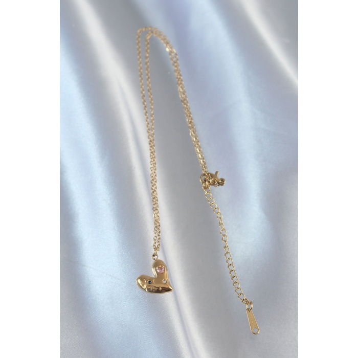 316L Çelik Zincir Gold Renk Renkli Zirkon Taşlı Kalp Kolye - Lisinya