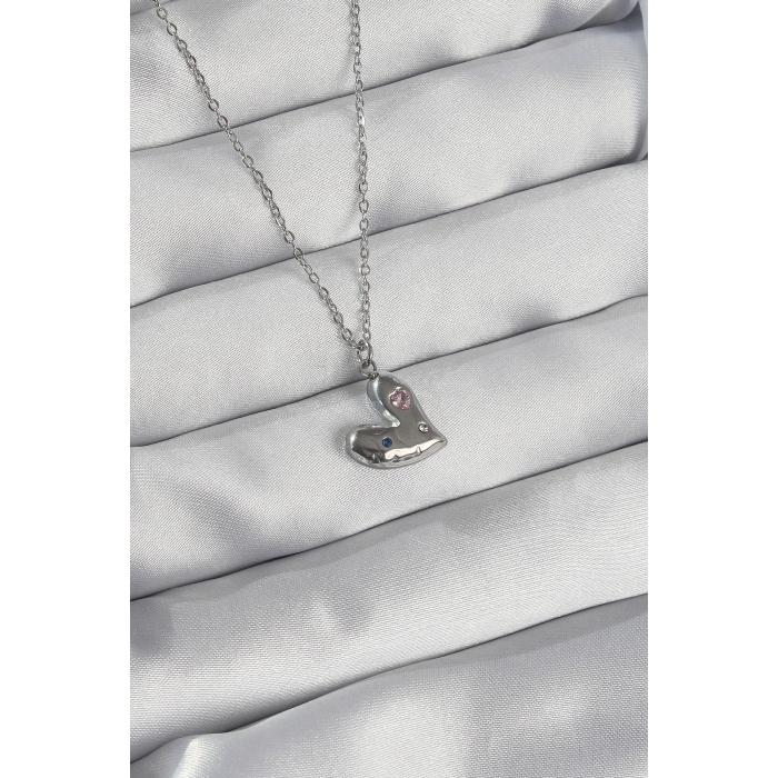 316L Çelik Zincir Gümüş Renk Renkli Zirkon Taşlı Kalp Kolye - Lisinya
