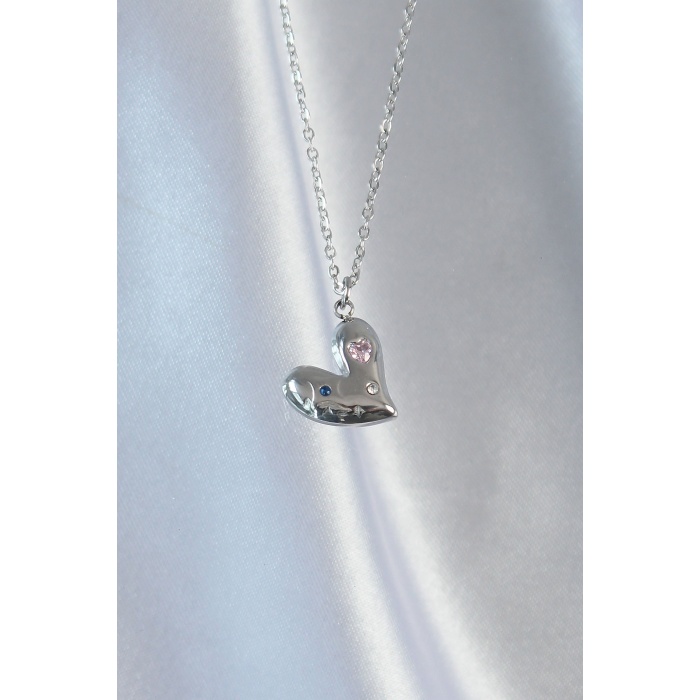 316L Çelik Zincir Gümüş Renk Renkli Zirkon Taşlı Kalp Kolye - Lisinya
