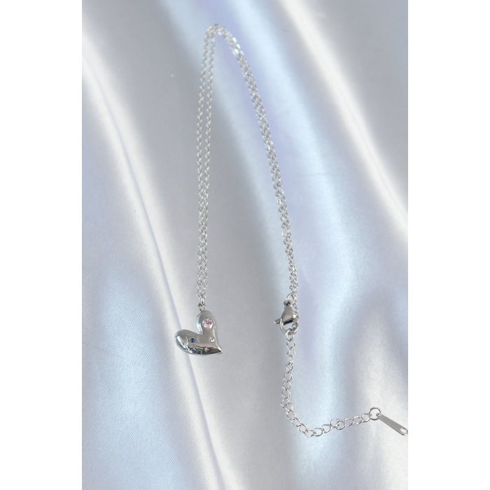 316L Çelik Zincir Gümüş Renk Renkli Zirkon Taşlı Kalp Kolye - Lisinya