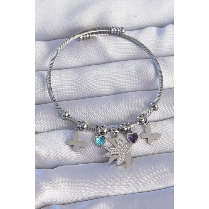 316L Çelik Gümüş Renk Zirkon Taşlı Kuş Tasarımlı Kelebek Detay Charm Bileklik - Lisinya