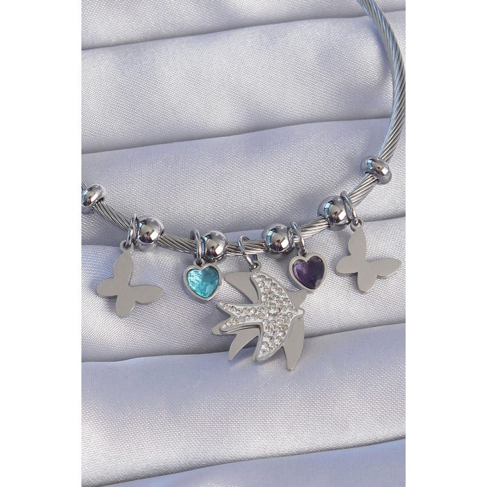 316L Çelik Gümüş Renk Zirkon Taşlı Kuş Tasarımlı Kelebek Detay Charm Bileklik - Lisinya