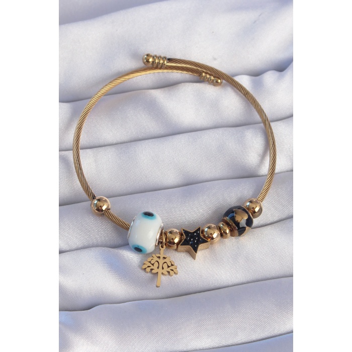 316L Çelik Gold Renk Siyah Zirkon Taşlı Yıldız Tasarımlı Ağaç Detay Nazarlı Charm Bileklik - Lisinya