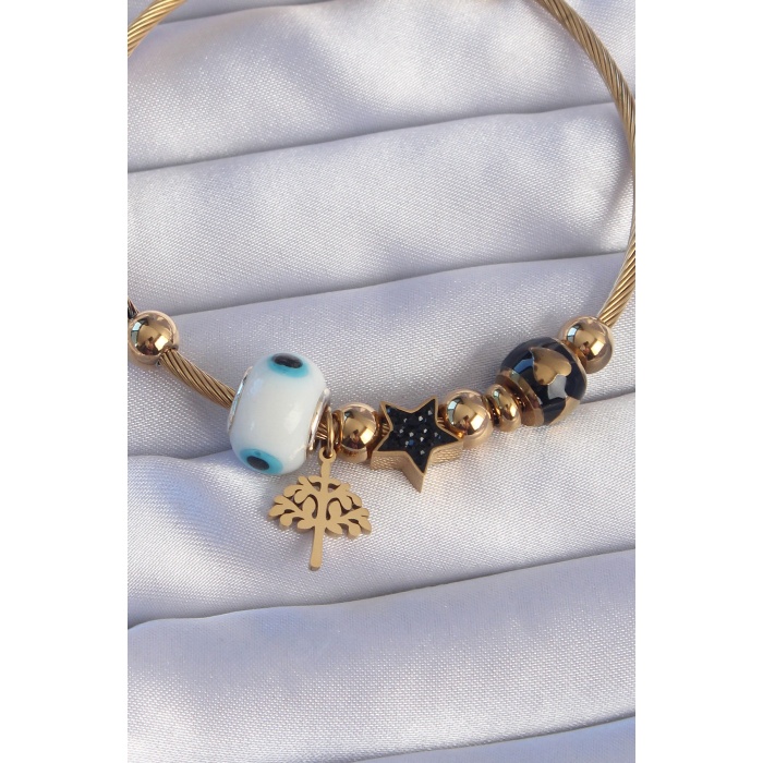 316L Çelik Gold Renk Siyah Zirkon Taşlı Yıldız Tasarımlı Ağaç Detay Nazarlı Charm Bileklik - Lisinya