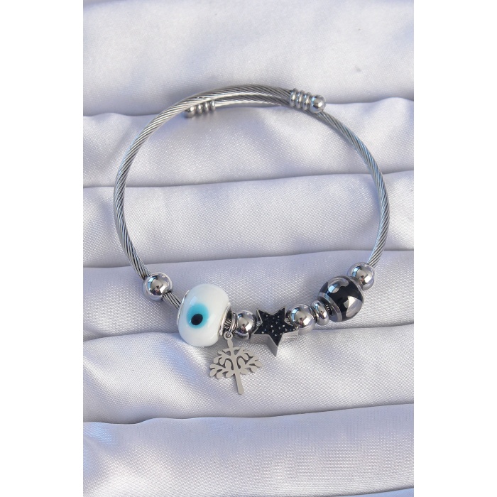 316L Çelik Gümüş Renk Siyah Zirkon Taşlı Yıldız Tasarımlı Ağaç Detay Nazarlı Charm Bileklik - Lisinya