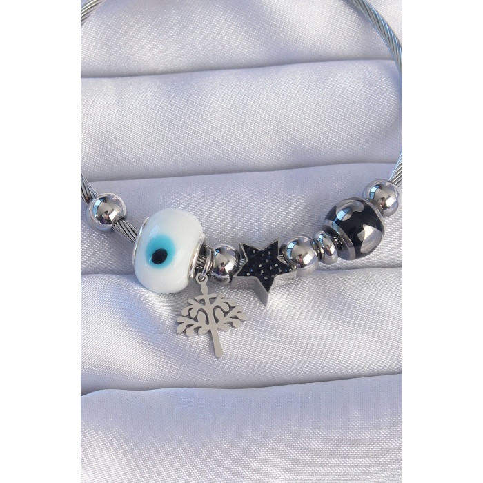 316L Çelik Gümüş Renk Siyah Zirkon Taşlı Yıldız Tasarımlı Ağaç Detay Nazarlı Charm Bileklik - Lisinya