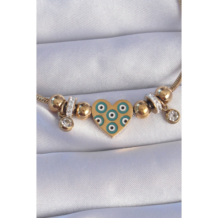 316L Çelik Gold Renk Zirkon Taşlı Nazarlı Kalp Tasarımlı Bileklik - Lisinya