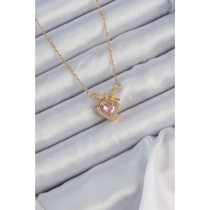 316L Çelik Zincir Altın Renk Pembe Zirkon Taşlı Fiyonklu Kalp Kolye - Lisinya