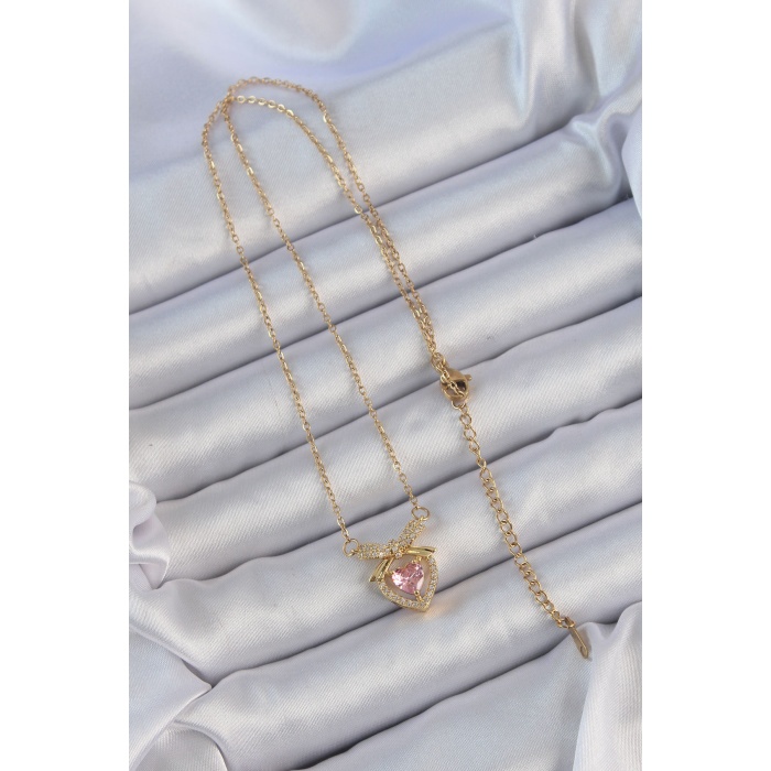 316L Çelik Zincir Altın Renk Pembe Zirkon Taşlı Fiyonklu Kalp Kolye - Lisinya