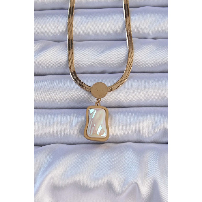 316L Çelik Gold Renk İtalyan Zincir Ezme Taşlı Kolye - Lisinya