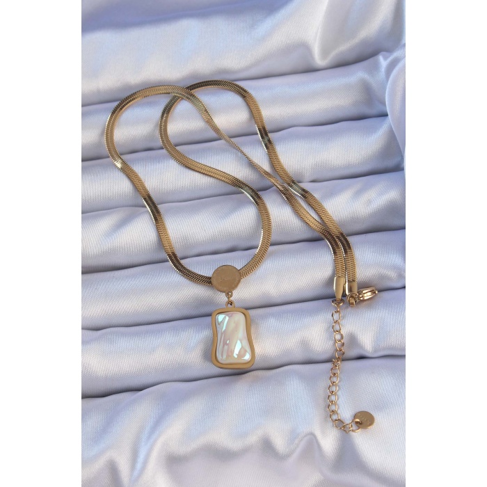 316L Çelik Gold Renk İtalyan Zincir Ezme Taşlı Kolye - Lisinya