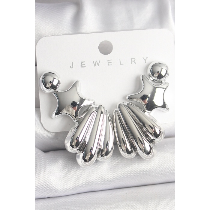 Gümüş Renk Yıldız Deniz Kabuğu Model CCB Plastik Kadın Küpe Seti - Lisinya