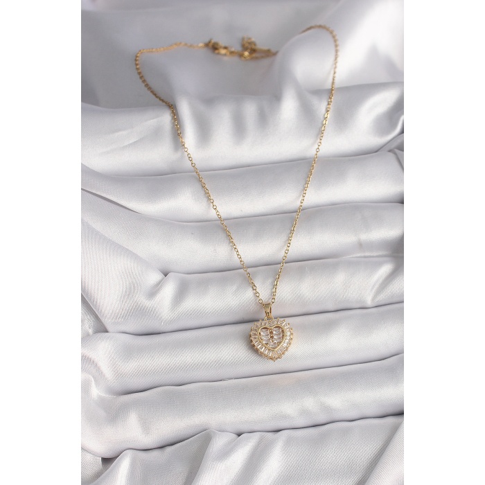 316L Çelik Gold Renk Zincir Zirkon Taşlı Kalp Model Kadın Kolye - Lisinya