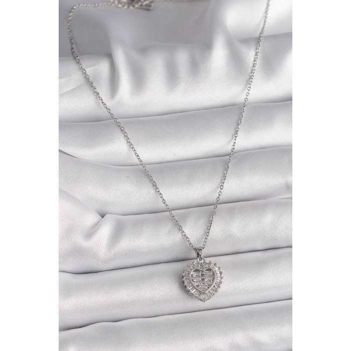 316L Çelik Gümüş Renk Zincir Zirkon Taşlı Kalp Model Kadın Kolye - Lisinya
