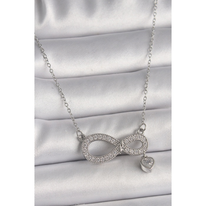 316L Çelik Gümüş Renk Zincir Zirkon Taşlı Sonsuzluk Model Taşlı Kalp Detay Kadın Kolye - Lisinya