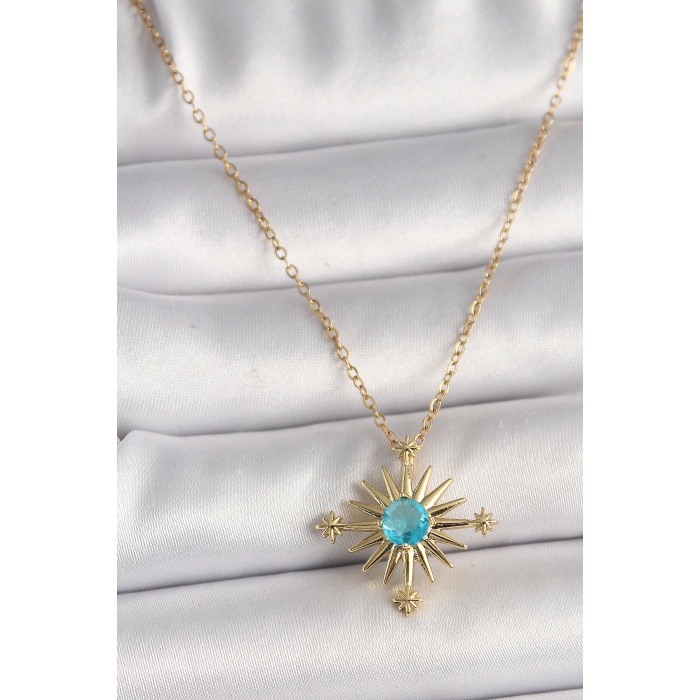 316L Çelik Gold Renk Zincir Mavi Taş Detaylı Kuzey Yıldız Model Kadın Kolye - Lisinya