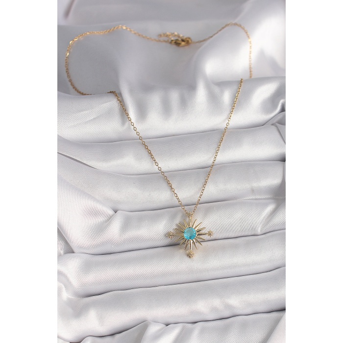 316L Çelik Gold Renk Zincir Mavi Taş Detaylı Kuzey Yıldız Model Kadın Kolye - Lisinya