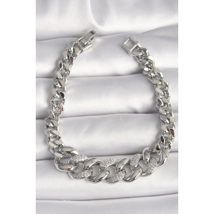 Pirinç Gümüş Renk Zirkon Taşlı Kalın Halka Model Kadın Bileklik - Lisinya