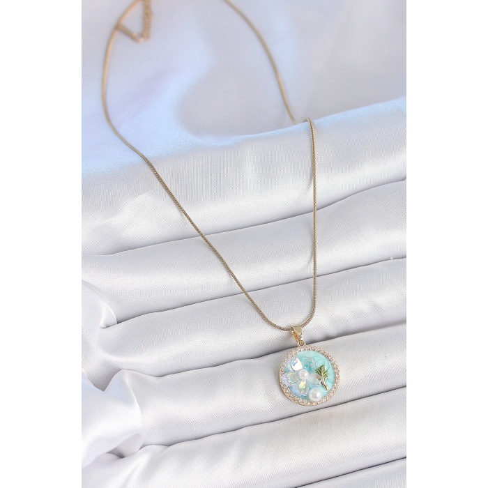 316L Çelik Gold Renk Zincir Zirkon Taş Detaylı Mavi Mineli Çiçek İşlemeli İnci Detay Kadın Kolye - Lisinya