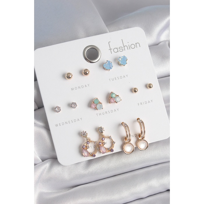 Pirinç Gold Renk Zirkon Taşlı Sallantı Halka Figür Kalp Detay 7 Çift Kadın Küpe - Lisinya