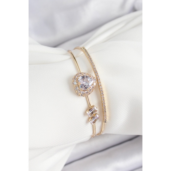 Pirinç Gold Renk Kalpli Zirkon Taşlı Kadın Bileklik - Lisinya