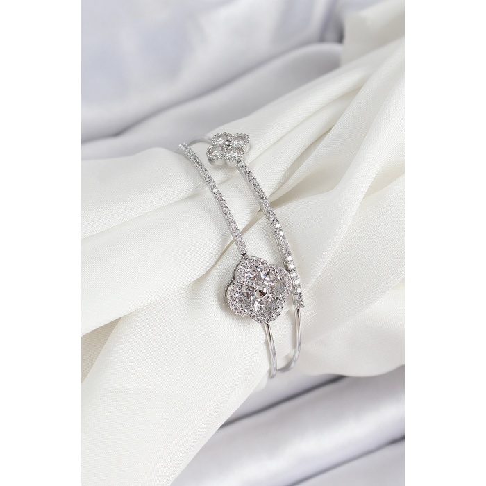 Pirinç Gümüş Renk Zirkon Taşlı Yonca Model 2li Kadın Bileklik - Lisinya