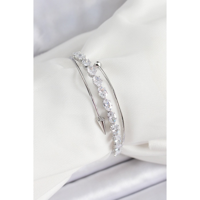 Pirinç Gümüş Renk Arpa Zirkon Taşlı Kadın Bileklik - Lisinya