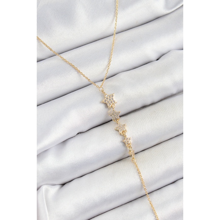 Pirinç Zirkon Taşlı Sıralı Yıldız Figürlü Y Model Gold Renk Kadın Kolye - Lisinya