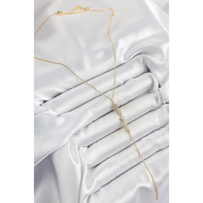 Pirinç Zirkon Taşlı Sıralı Yıldız Figürlü Y Model Gold Renk Kadın Kolye - Lisinya