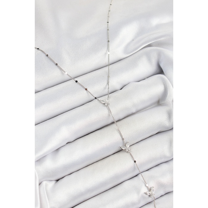 Pirinç Zirkon Taşlı Sıralı Kelebek Figürlü Y Model Gümüş Renk Kadın Kolye - Lisinya