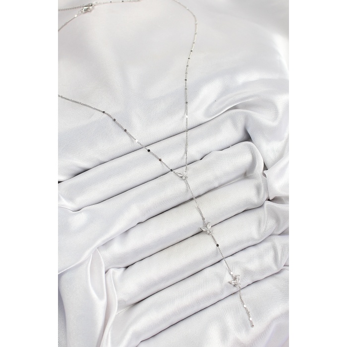 Pirinç Zirkon Taşlı Sıralı Kelebek Figürlü Y Model Gümüş Renk Kadın Kolye - Lisinya