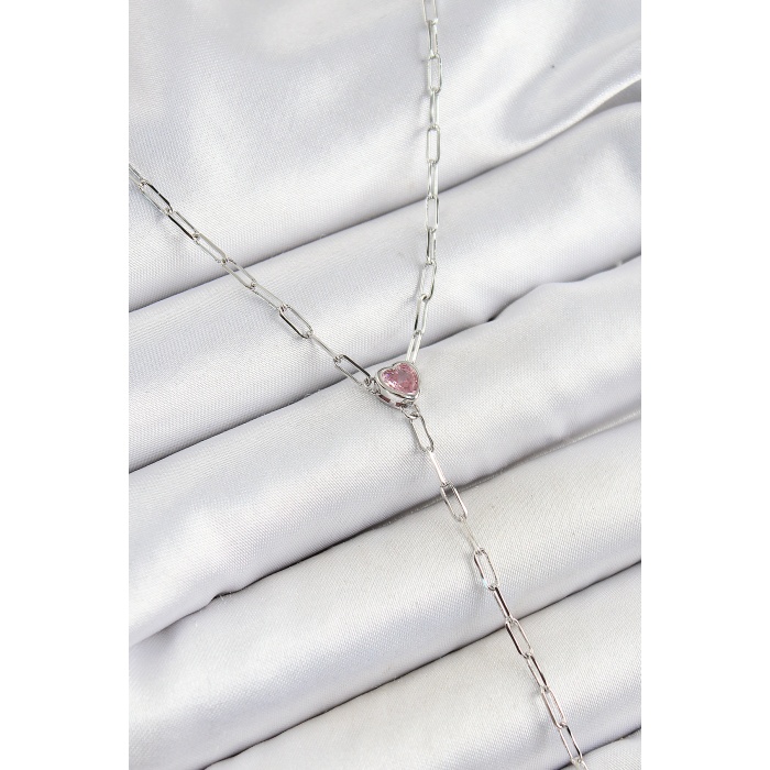 Pirinç Zirkon Taşlı Pembe Kalp Figürlü Y Model Gümüş Renk Kadın Kolye - Lisinya