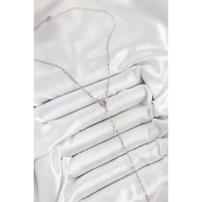 Pirinç Zirkon Taşlı Pembe Kalp Figürlü Y Model Gümüş Renk Kadın Kolye - Lisinya