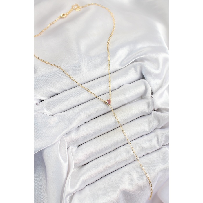 Pirinç Zirkon Taşlı Pembe Kalp Figürlü Y Model Gold Renk Kadın Kolye - Lisinya