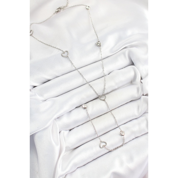 316L Çelik Zirkon Taşlı Kalp Figürlü Y Model Gümüş Renk Kadın Kolye - Lisinya