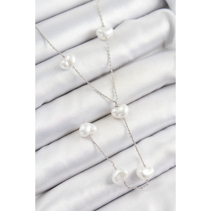 Pirinç İncili Kalp Figürlü Y Model Gümüş Renk Kadın Kolye - Lisinya