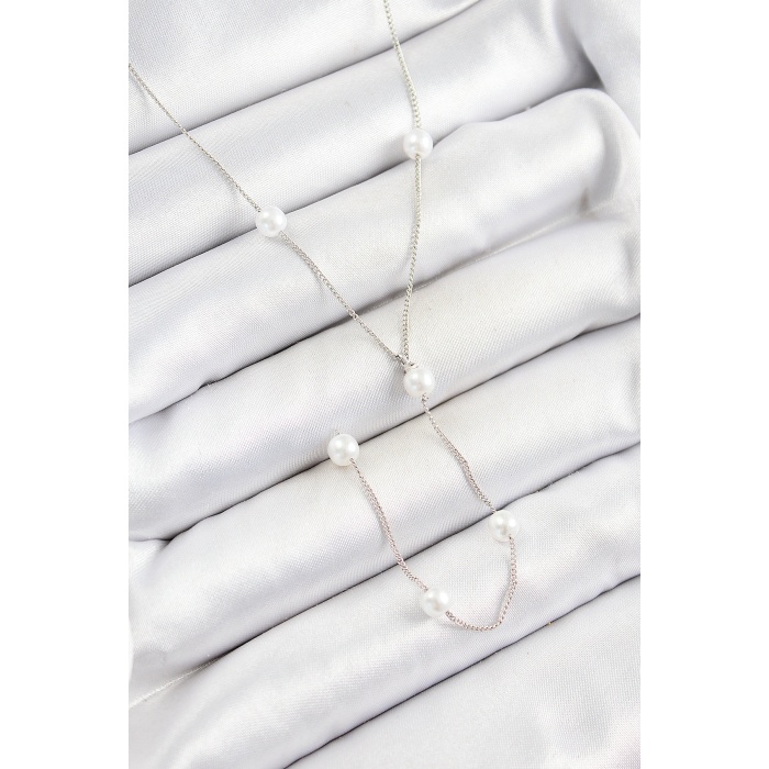 Pirinç İnci Figürlü Y Model Gümüş Renk Kadın Kolye - Lisinya