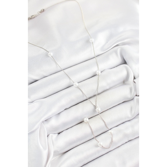 Pirinç İnci Figürlü Y Model Gümüş Renk Kadın Kolye - Lisinya