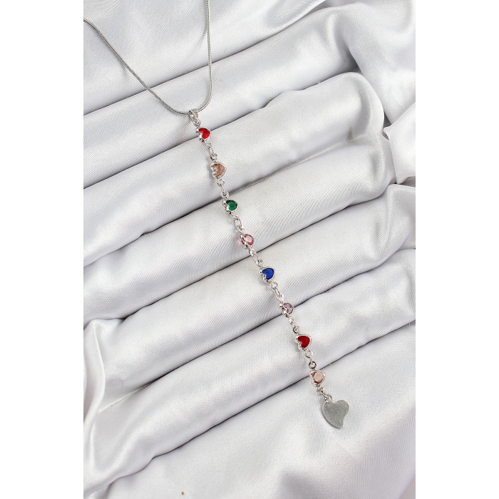 Pirinç Gümüş Renk Karışık Renk Zirkon Taşlı Kalpli Y Kadın Kolye - Lisinya