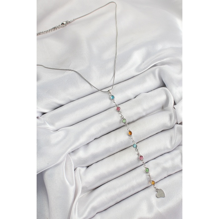 Pirinç Gümüş Renk Karışık Renk Zirkon Taşlı Y Kadın Kolye - Lisinya