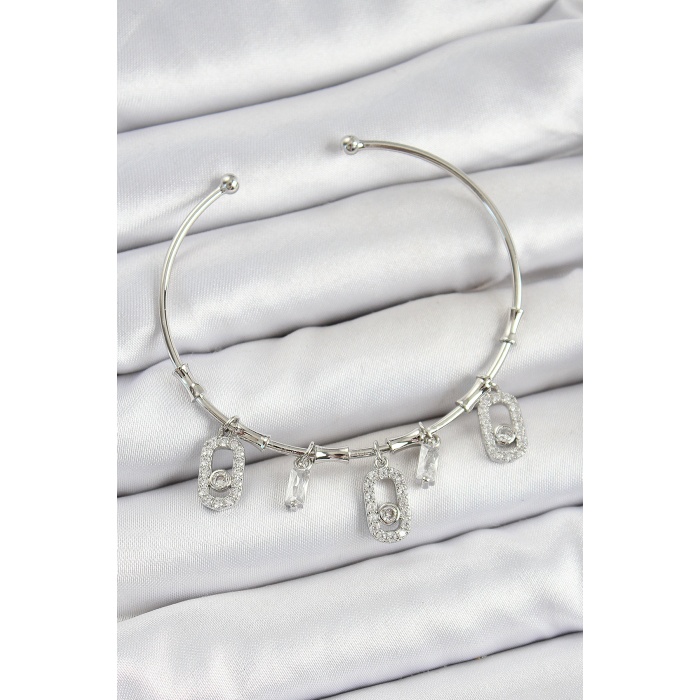 Pirinç Zirkon Taşlı Dikdörtgen Model Gümüş Renk Charm Bileklik - Lisinya